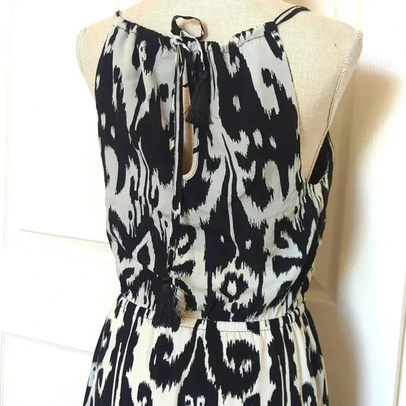 Athleta Black Off White Ikat Bloom Sleeveless Halter Tassel Tie Hi Lo Maxi Dress - Picture 7 of 10